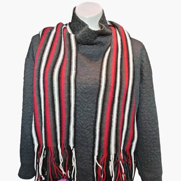 Striped Knit Scarf Fringe Red Black White Handcrafted Unisex Long Warm Winter - Picture 2 of 4